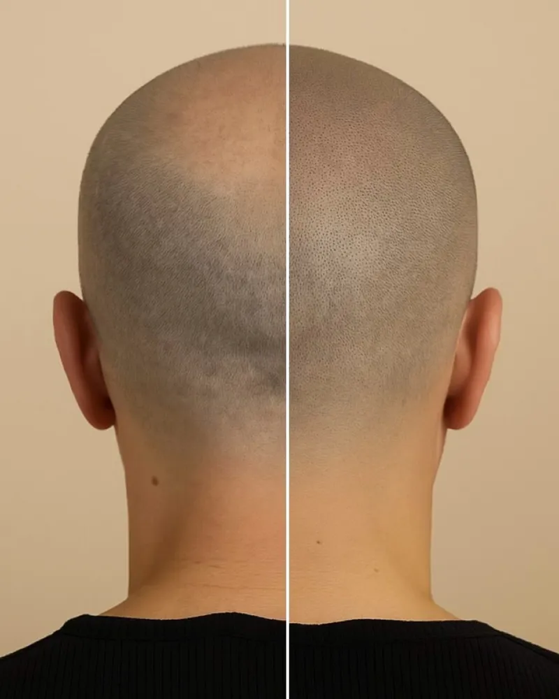 Avant-après micropigmentation capillaire, densité naturelle du cuir chevelu, Paris 8e